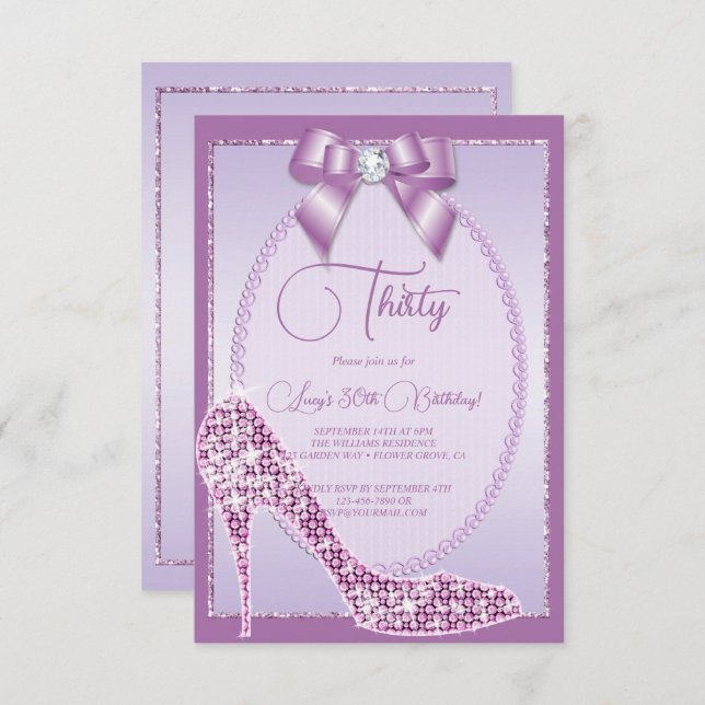 Invitation Elégant Lilac Jewel Bow & Stiletto Anniversaire (Devant / Derrière)