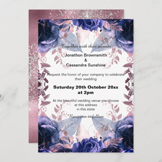 INVITATION ÉLÉGANT LILAC PARTIES SCINTILLANT FLORAL NAVY MARI (Devant / Derrière)