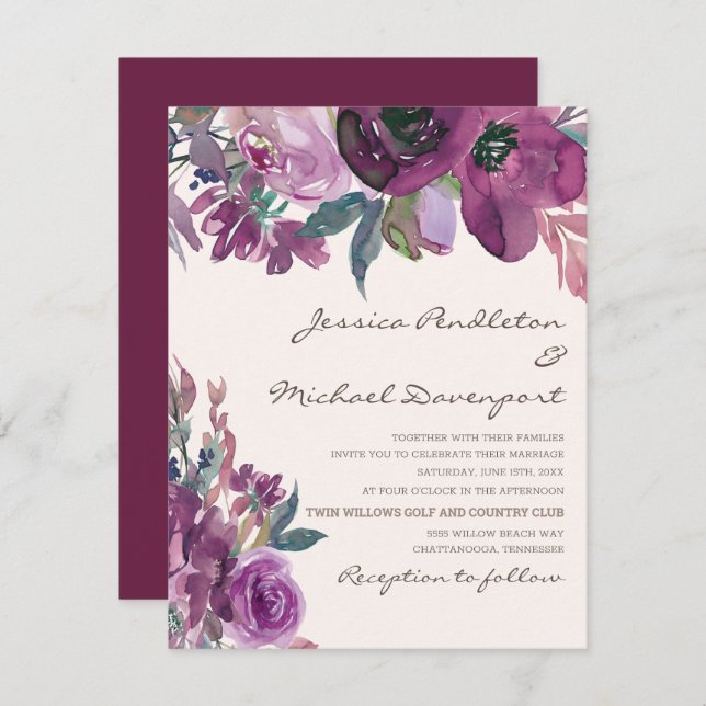 Invitation Élégant Lilac Plum violet Mariage de script Floral (Devant / Derrière)