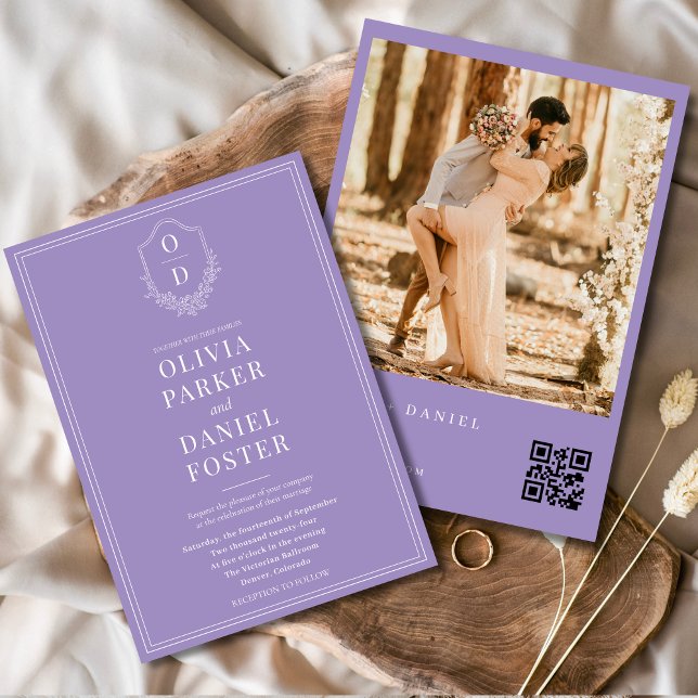 Invitation Élégant Lilac Purple Photo QR Code Crest Mariage (Créateur téléchargé)
