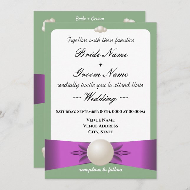 Invitation Élégant Lilac & Sage Pearl Ribbon Mariage photo (Devant / Derrière)