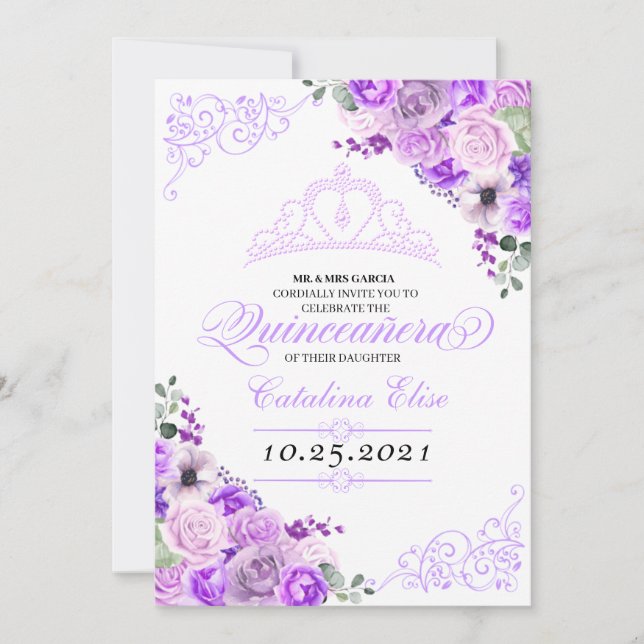 Invitation Elégant Lilac violet Floral Quinceanera Anniversai (Devant)