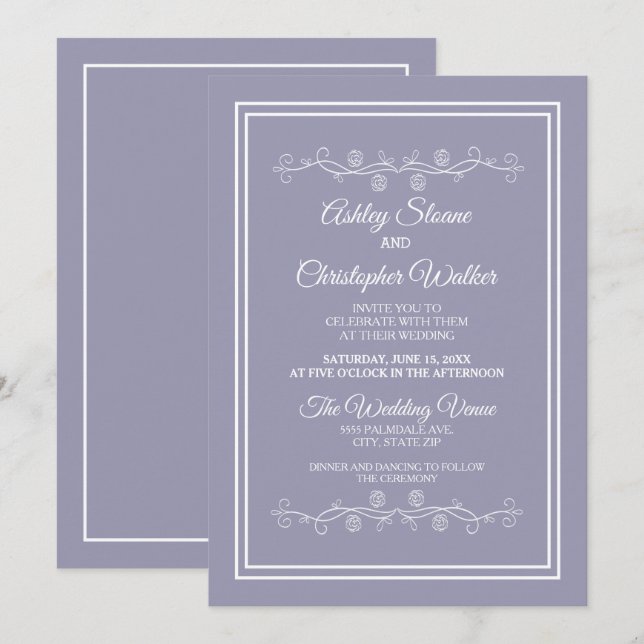 Invitation Élégant Lilac violet Mariage blanc (Devant / Derrière)