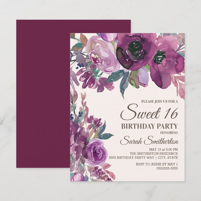 Invitation Élégant lilas prune pourpre floral script Sweet 16 (Devant / Derrière)