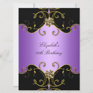 Invitation Élégant lilas violet floral anniversaire or noir
