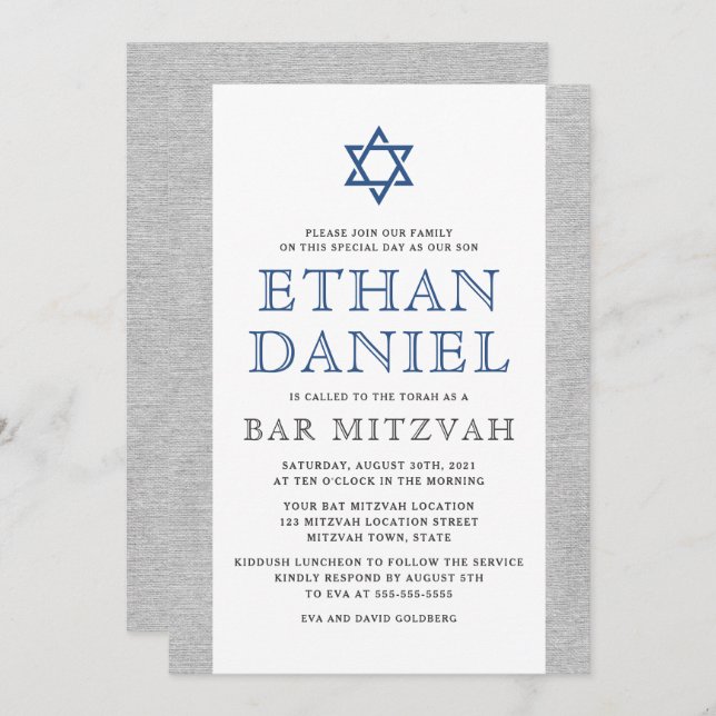 Invitation Elégant lin gris bleu étoile de David bar mitzvah (Devant / Derrière)