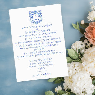Invitation Élégant Lin Monogramme Bleu Crête Mariage