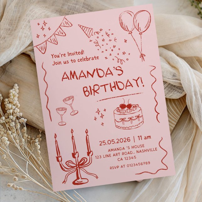 Invitation Elegant Line Art Girl’s Birthday Party- (Créateur téléchargé)