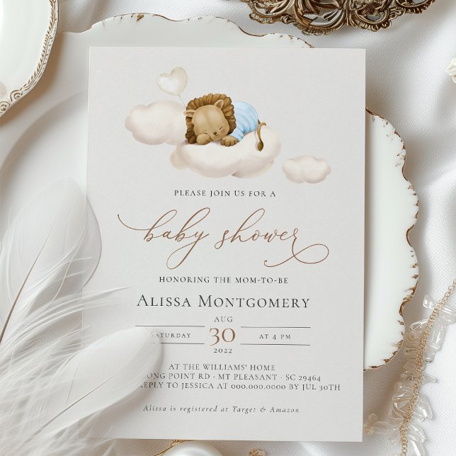 Invitation Élégant Lion couché Baby shower sur nuages (Créateur téléchargé)