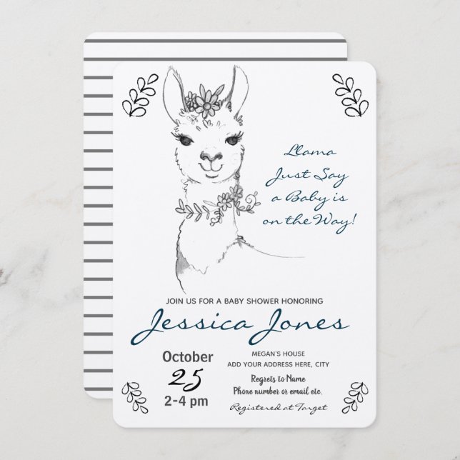 Invitation Élégant Llama Girl Baby shower rustique (Devant / Derrière)
