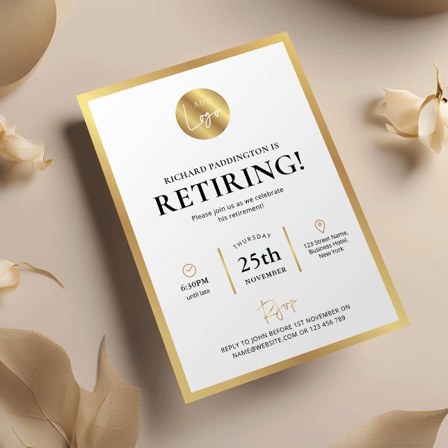 Invitation Élégant logo or Parti de retraite des employés off (Modern white and faux gold retirement party business invitation with your logo)