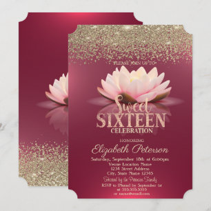 Invitation Élégant Lotus Gold Confetti Diamants Rouge Sweet 1