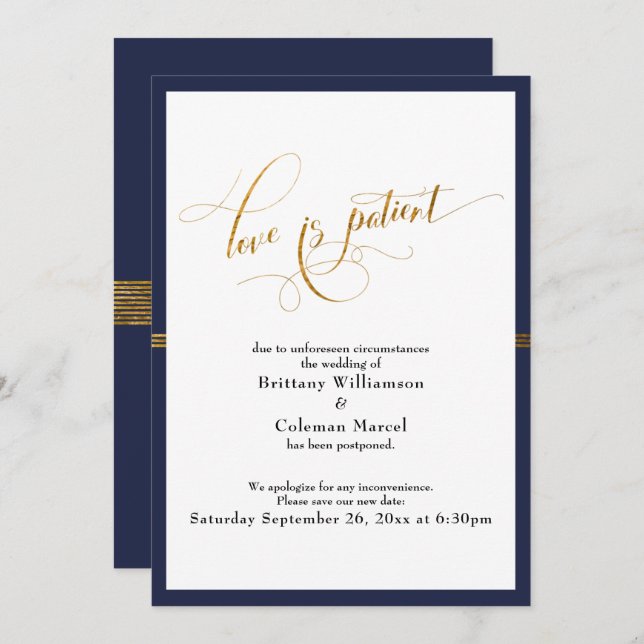 Invitation Elegant Love est Patient Navy & Gold Stripe Card (Devant / Derrière)