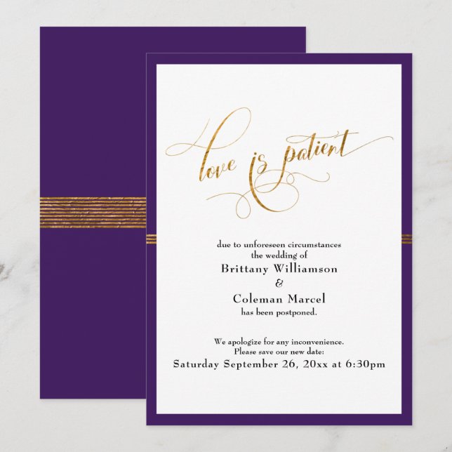 Invitation Elegant Love est Patient Purple & Gold Stripe Card (Devant / Derrière)