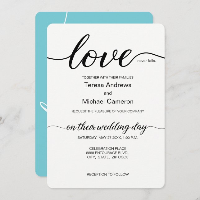 Invitation Elegant Love script turquoise noir et blanc (Devant / Derrière)