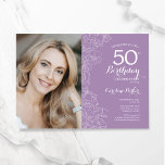 Invitation Elégant lumière violet photo florale 50e anniversa<br><div class="desc">Invitation à la fête du 50e anniversaire violet clair avec votre photo sur le devant de la carte. Design moderne élégant avec accents de dessin botanique et police de script de typographie. Carte invitation simple et tendance, parfaite pour une célébration anniversaire élégante. Peut être customisé à n'importe quel âge. Invitations...</div>