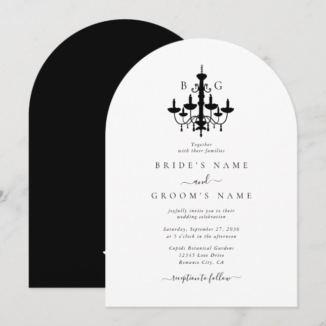 Invitation Élégant lustre noir blanc Mariage (Devant / Derrière)