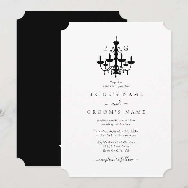 Invitation Élégant lustre noir blanc Mariage (Devant / Derrière)