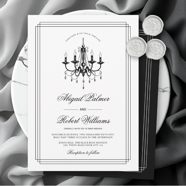 Invitation Élégant lustre noir blanc Vieux mariage argent (Créateur téléchargé)