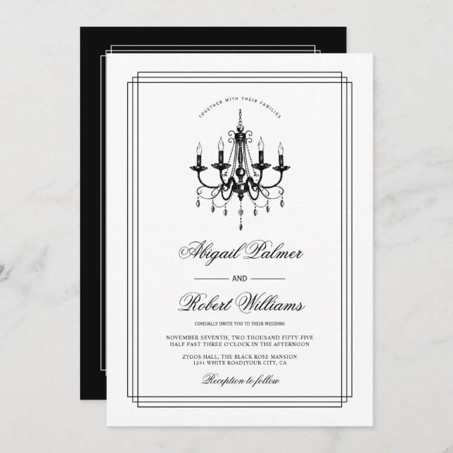 Invitation Élégant lustre noir blanc Vieux mariage argent (Devant / Derrière)