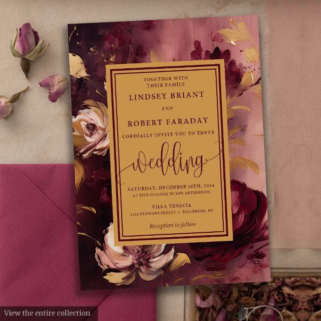 Invitation Élégant Lux Merlot Blush Gold Floral Mariage (Stylish Lux Merlot Blush Gold Floral Wedding Invitation)