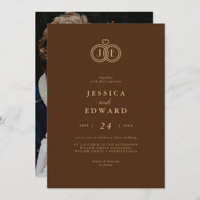 Invitation Elégant Luxe Brown Monogramme Mariage photo (Devant / Derrière)