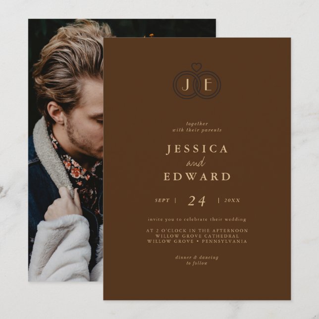 Invitation Élégant Luxe Brun Monogramme Photo Mariage (Devant / Derrière)