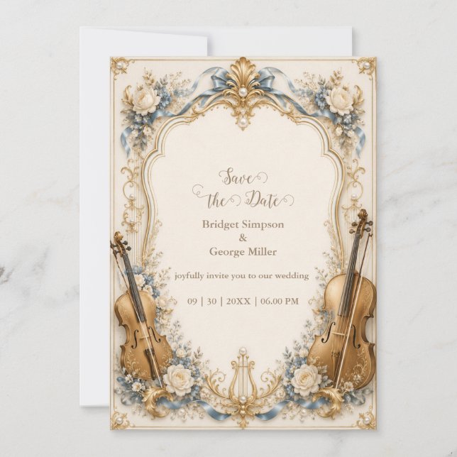 Invitation Élégant Luxe Mariage Cordes Florales Bleu Perle (Devant)