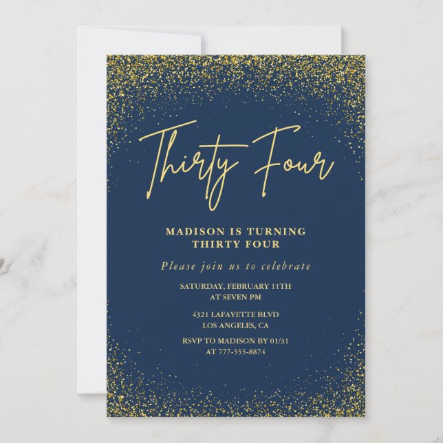 Invitation Élégant Luxe Navy Or Pailleté 34e anniversaire (Devant)