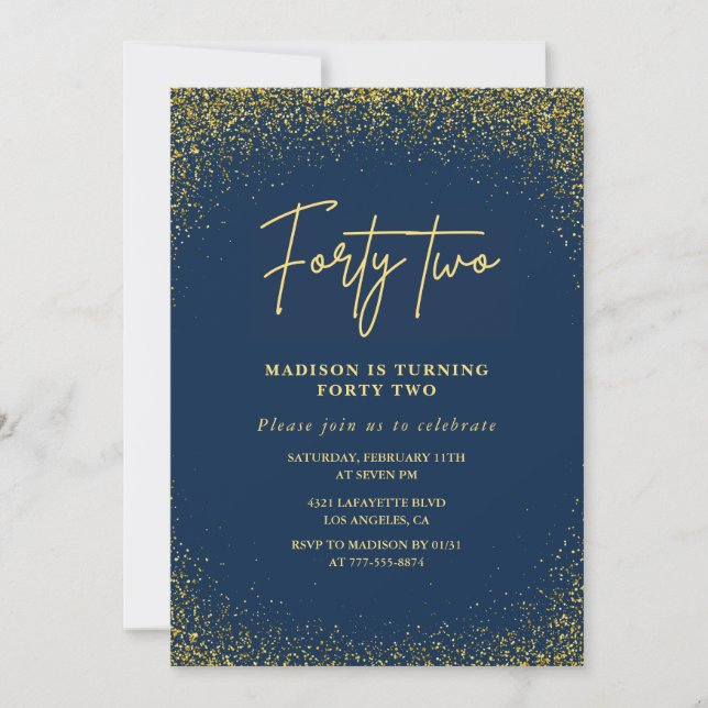 Invitation Élégant Luxe Navy Or Pailleté 42e anniversaire (Devant)