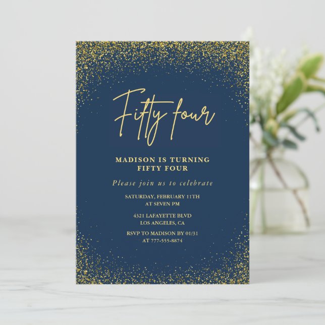 Invitation Élégant Luxe Navy Or Pailleté 54e anniversaire (Debout devant)