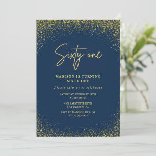 Invitation Élégant Luxe Navy Or Pailleté 61e anniversaire