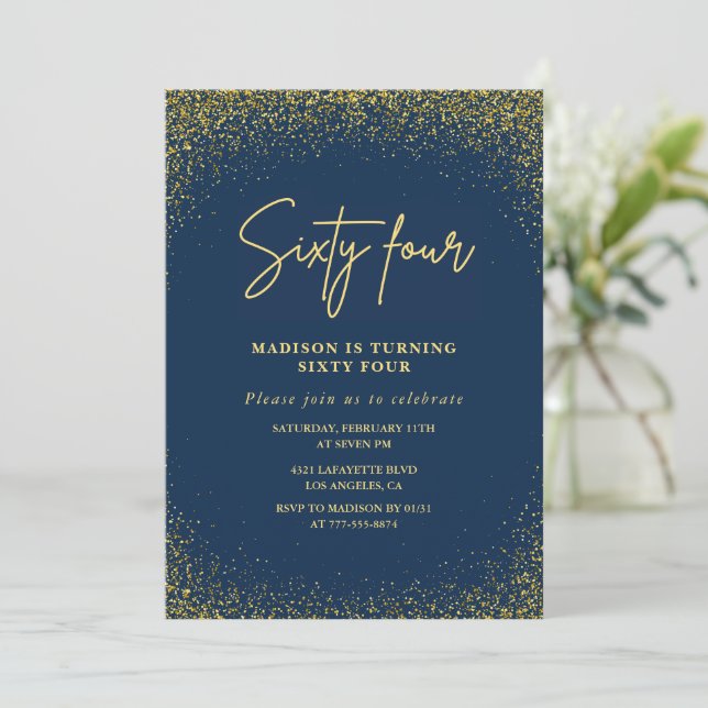 Invitation Élégant Luxe Navy Or Pailleté 64e anniversaire (Debout devant)