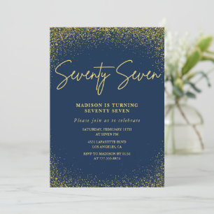 Invitation Élégant Luxe Navy Or Pailleté 77e anniversaire