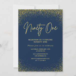 Invitation Élégant Luxe Navy Or Pailleté 91e anniversaire