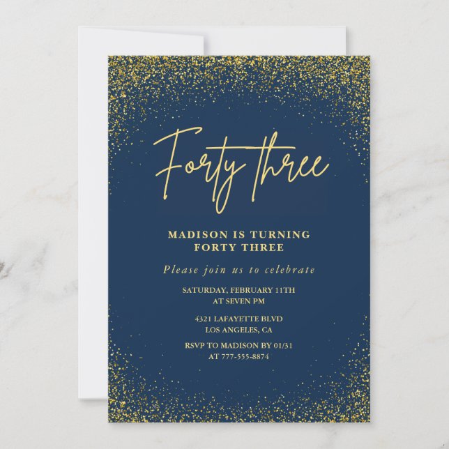 Invitation Élégant Luxe Navy Or Paillettes 43e anniversaire (Devant)