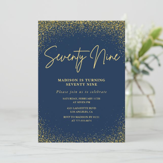 Invitation Élégant Luxe Navy Or Paillettes 79e anniversaire (Debout devant)