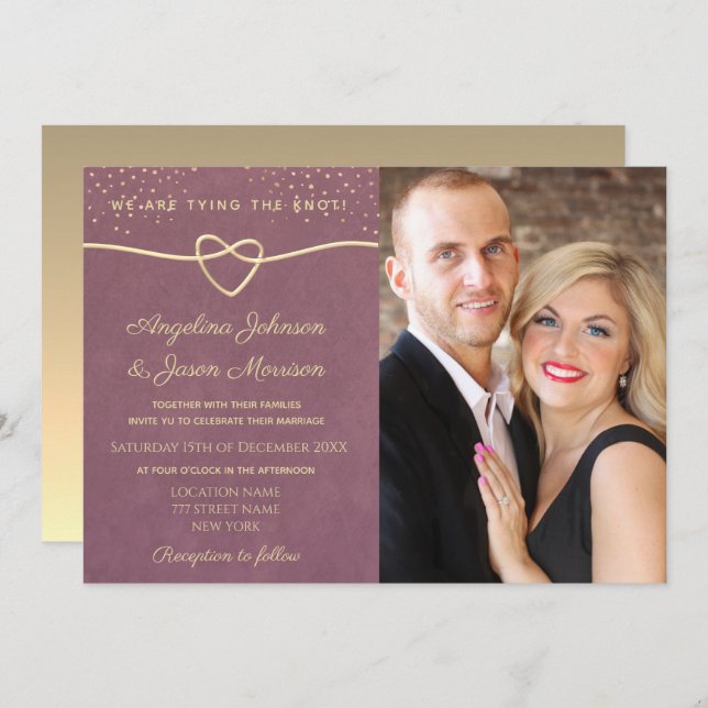 Invitation Elégant Luxe Purple Gold Confetti Mariage Photo (Devant / Derrière)