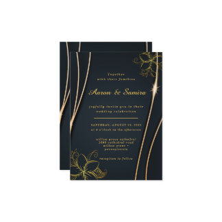Invitation Élégant Luxueux mariage floral noir et or