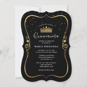 Invitation Elégant Luxueux Or et Black Quinceanera