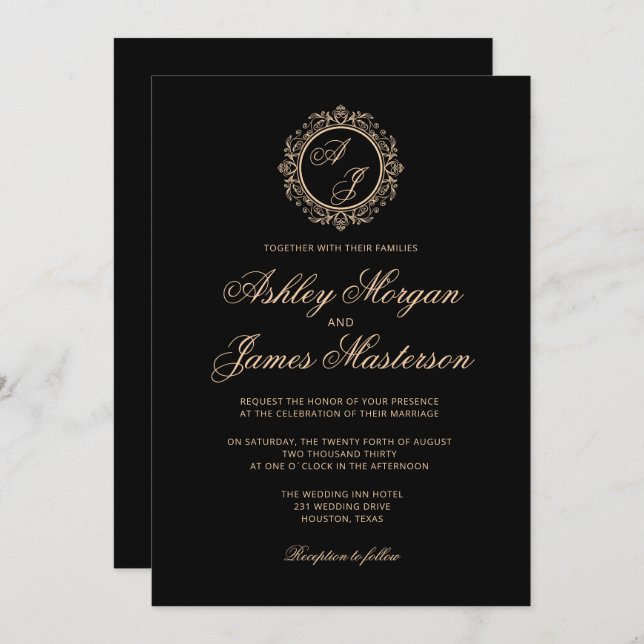 Invitation Elégant Luxury Gold Monogramme Mariage noir (Devant / Derrière)