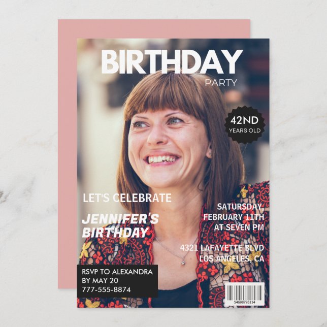 Invitation Elegant Luxury Magazine Photo 42e anniversaire (Devant / Derrière)