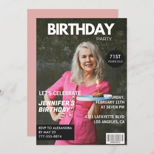 Invitation Elegant Luxury Magazine Photo 71e anniversaire (Devant / Derrière)
