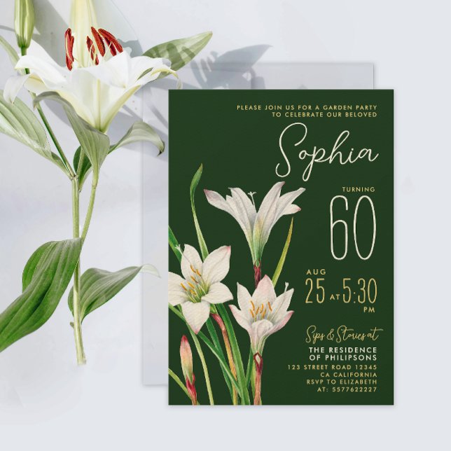 Invitation Élégant Lys Vert Blanc Botanique Floral 60ème  (Créateur téléchargé)