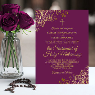 Invitation Elégant Magenta & Gold Mariage catholique moderne