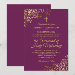 Invitation Elégant Magenta & Gold Mariage catholique moderne