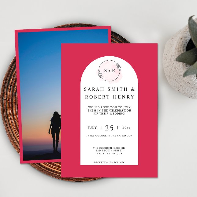 Invitation Élégant Magenta Pink Arch Monogramme Mariage photo (Front / Back)