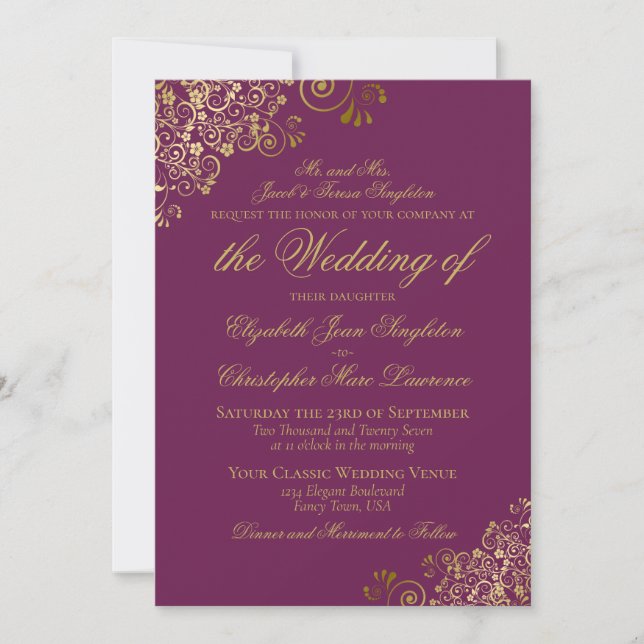 Invitation Élégant Magenta Plum & Gold Classy Mariage formel (Devant)