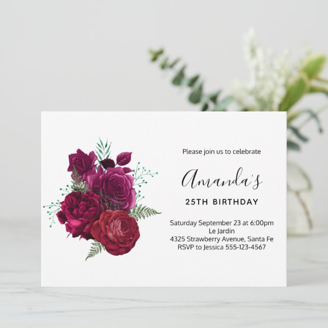 Invitation Elégant Magenta Rose Bouquet floral Anniversaire (Debout devant)