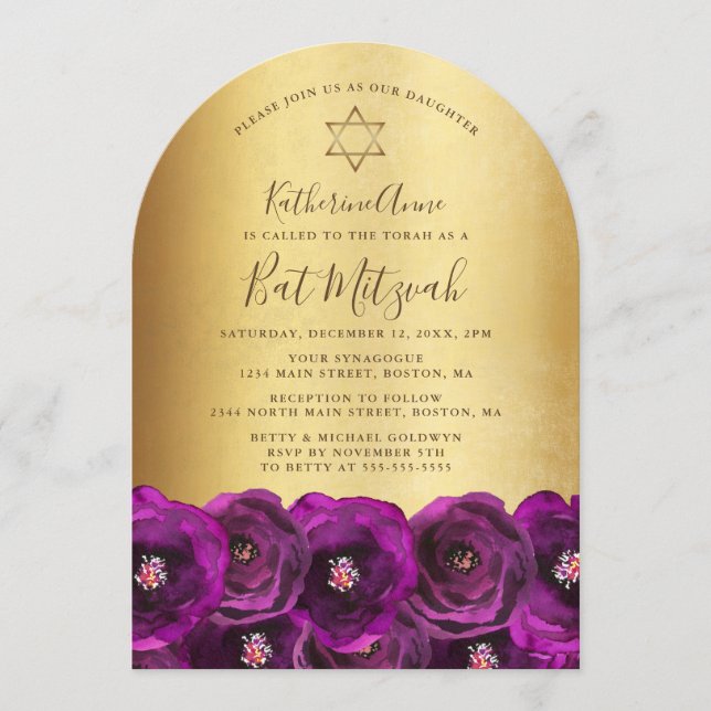 Invitation Elegant Magenta Rose Floral Gold Bat Mitzvah (Devant)